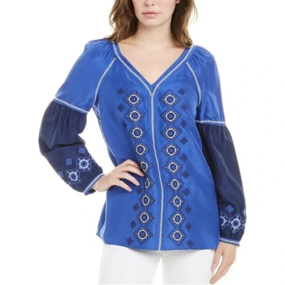 Tory Burch Royal Blue Silk Bohemian Embroidered Blouse Size 8 - Picture 1 of 15